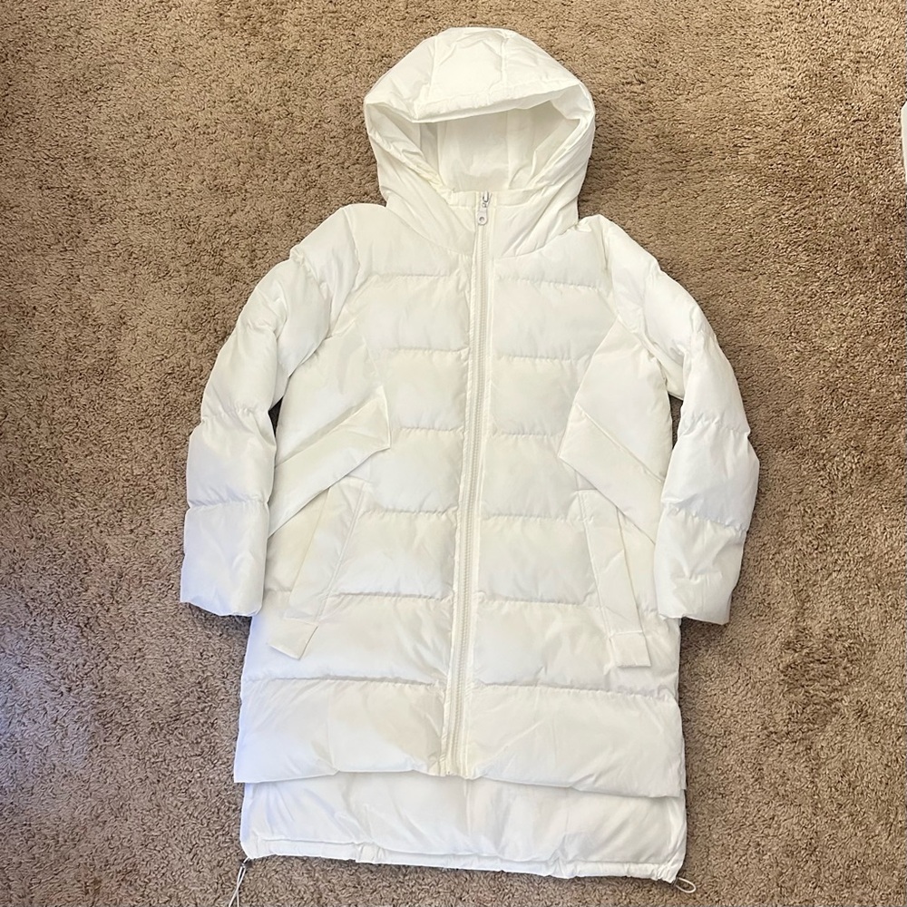 White Mid-Length Quilted Coat with Hood | Warm Cotton Puffer Jacket